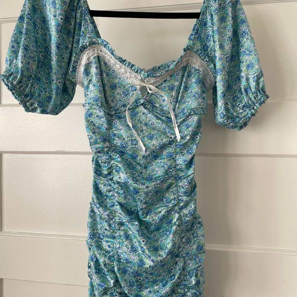 Floral Blue Dress with Puff Sleeves